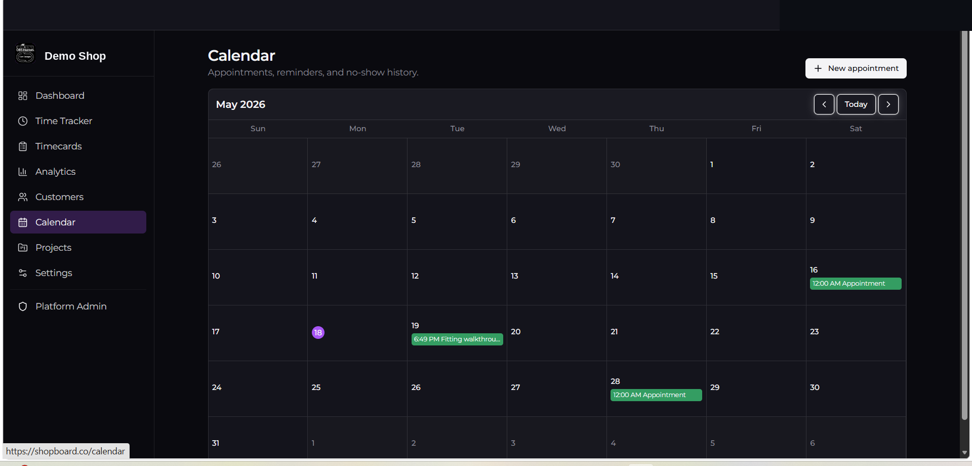 ShopBoard calendar with appointments across the month