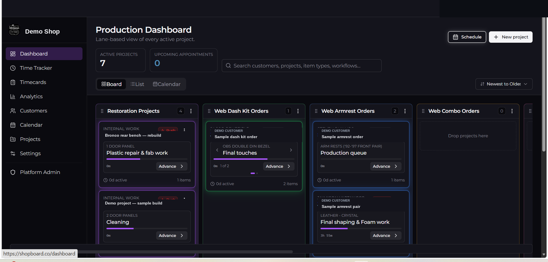 ShopBoard production dashboard — lane-based board of active shop projects