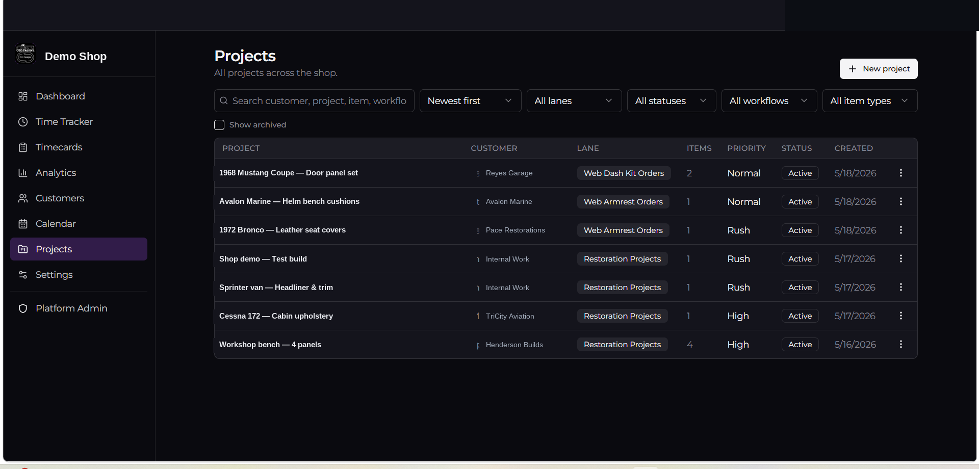 ShopBoard projects list view with customer, lane, priority, and status columns