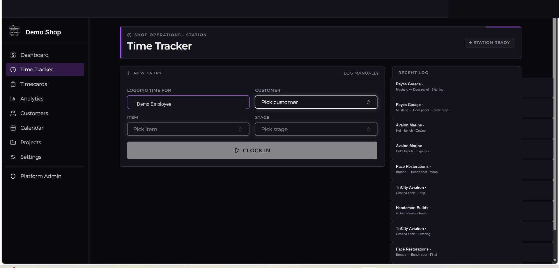 ShopBoard time tracker station with recent log entries