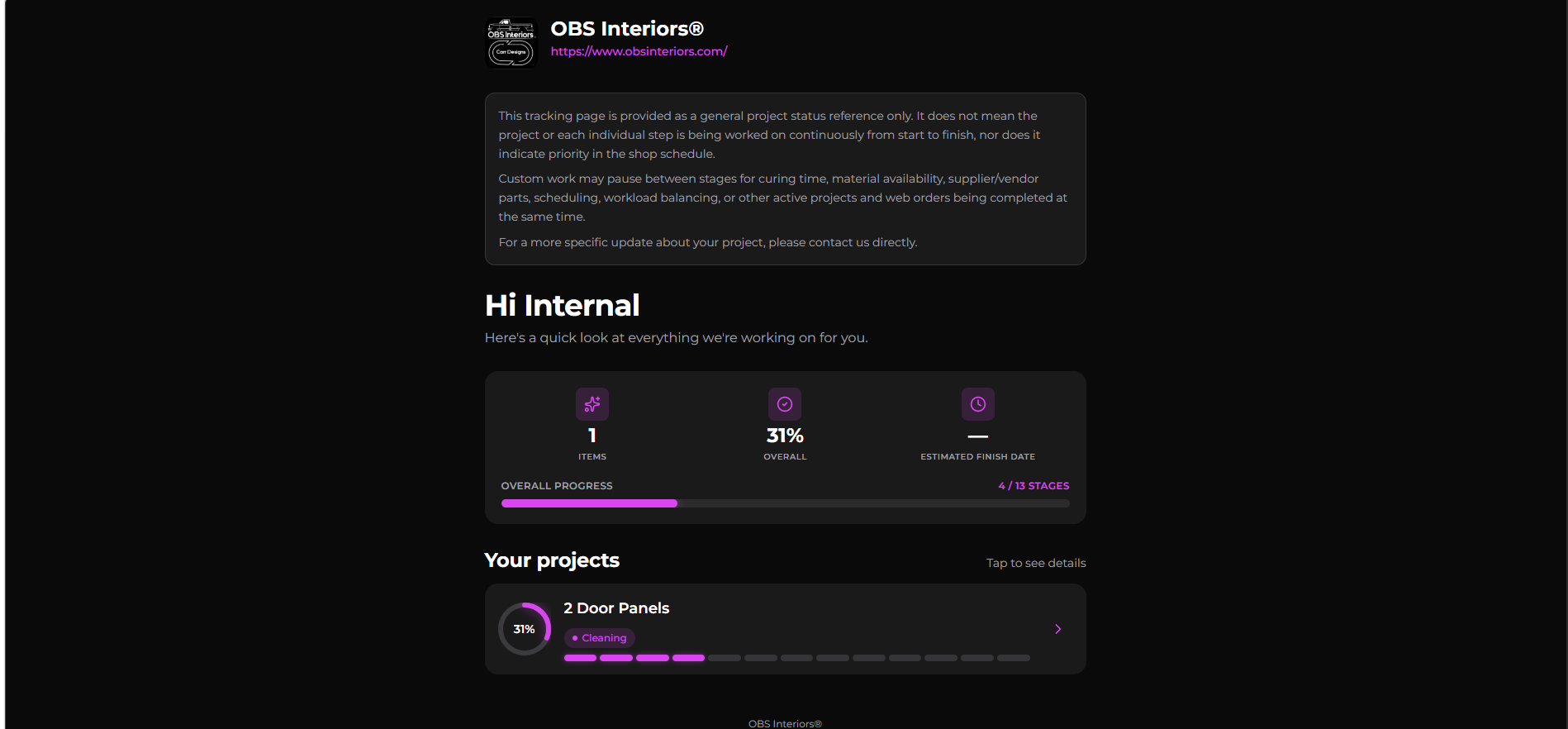 ShopBoard customer tracking page — branded project status without internal operations